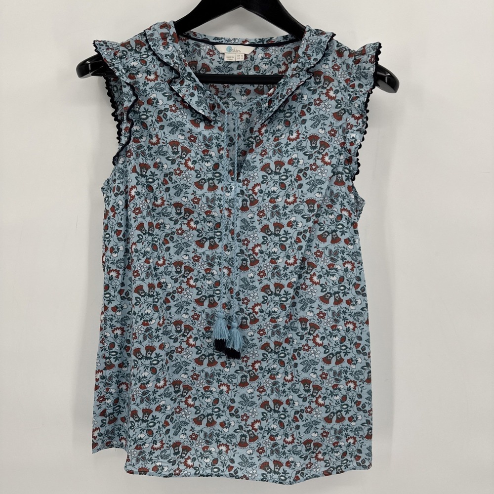 Boden Blue Ditzy‎ Floral Sleeveless Laurie Top w/ Tassels Size 6 Country Hippie